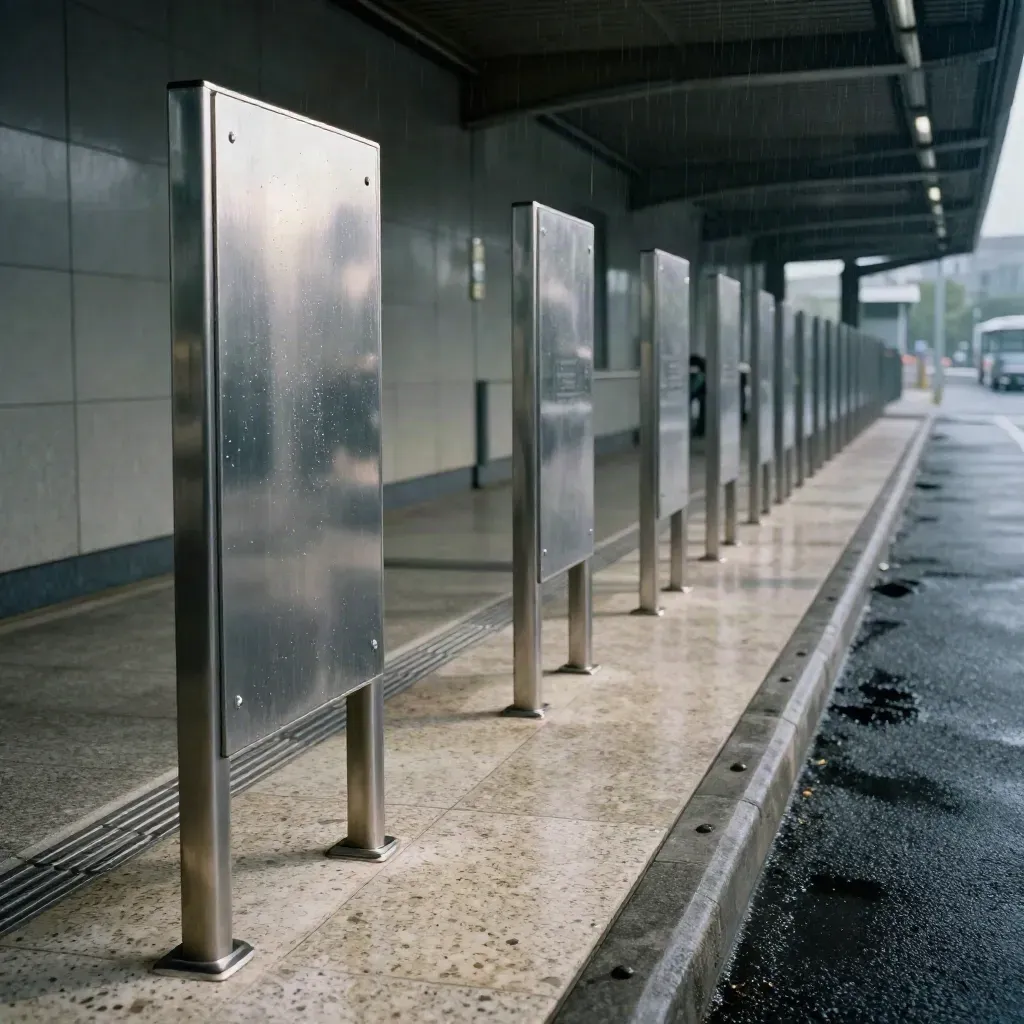 Panneaux d’accès en aluminium, plots et délimiteurs au bord d’une gare sous la pluie.