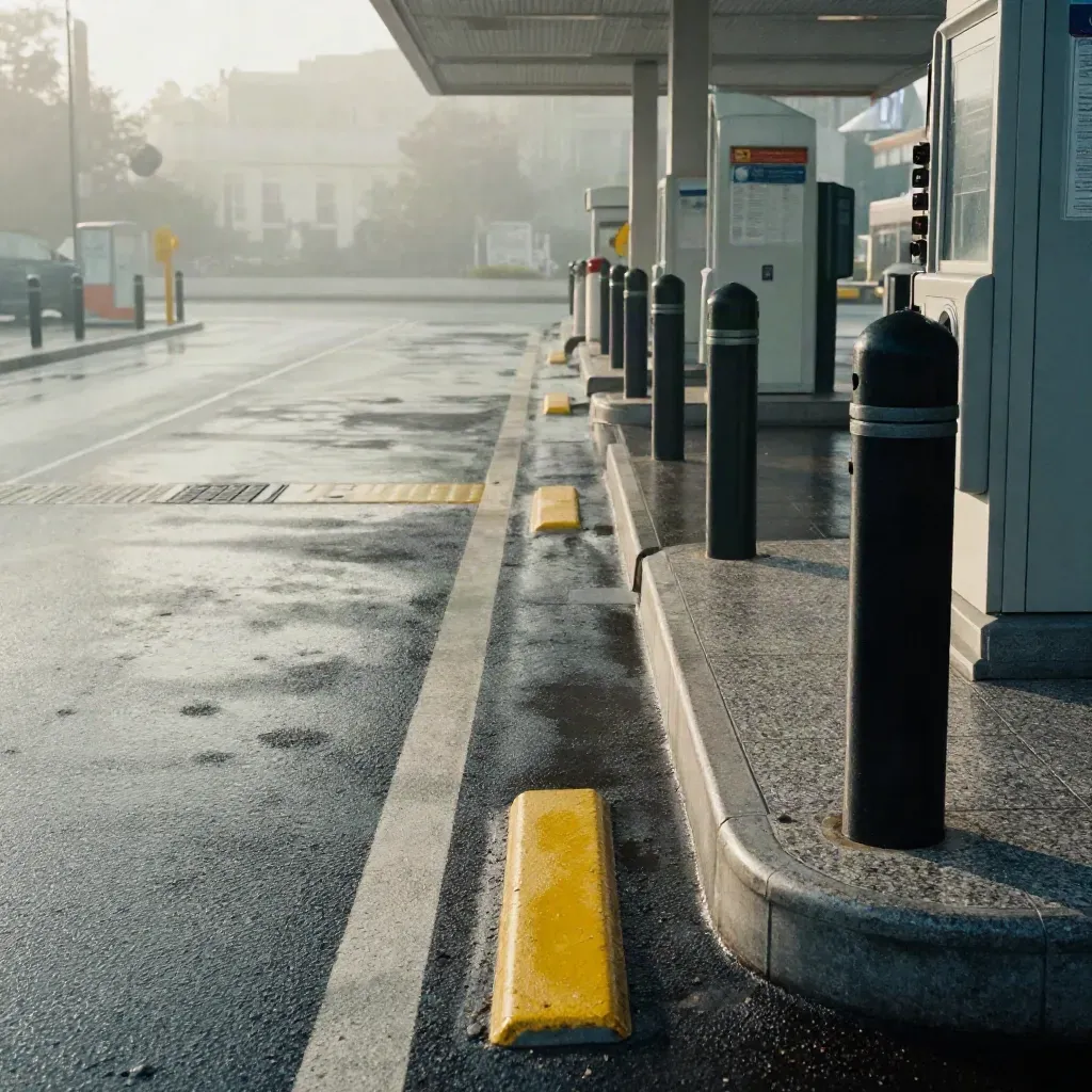 Forecourt de dépose-minute mouillé devant une gare, bornes noires, granit et brume.