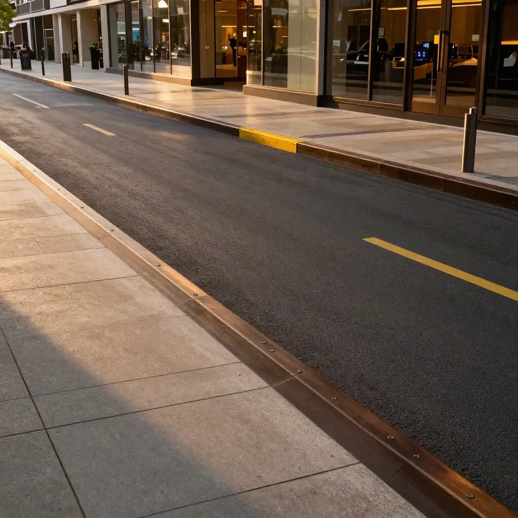 Front de centre commercial avec dépose taxi, livraison et refuge piéton en parallèle.