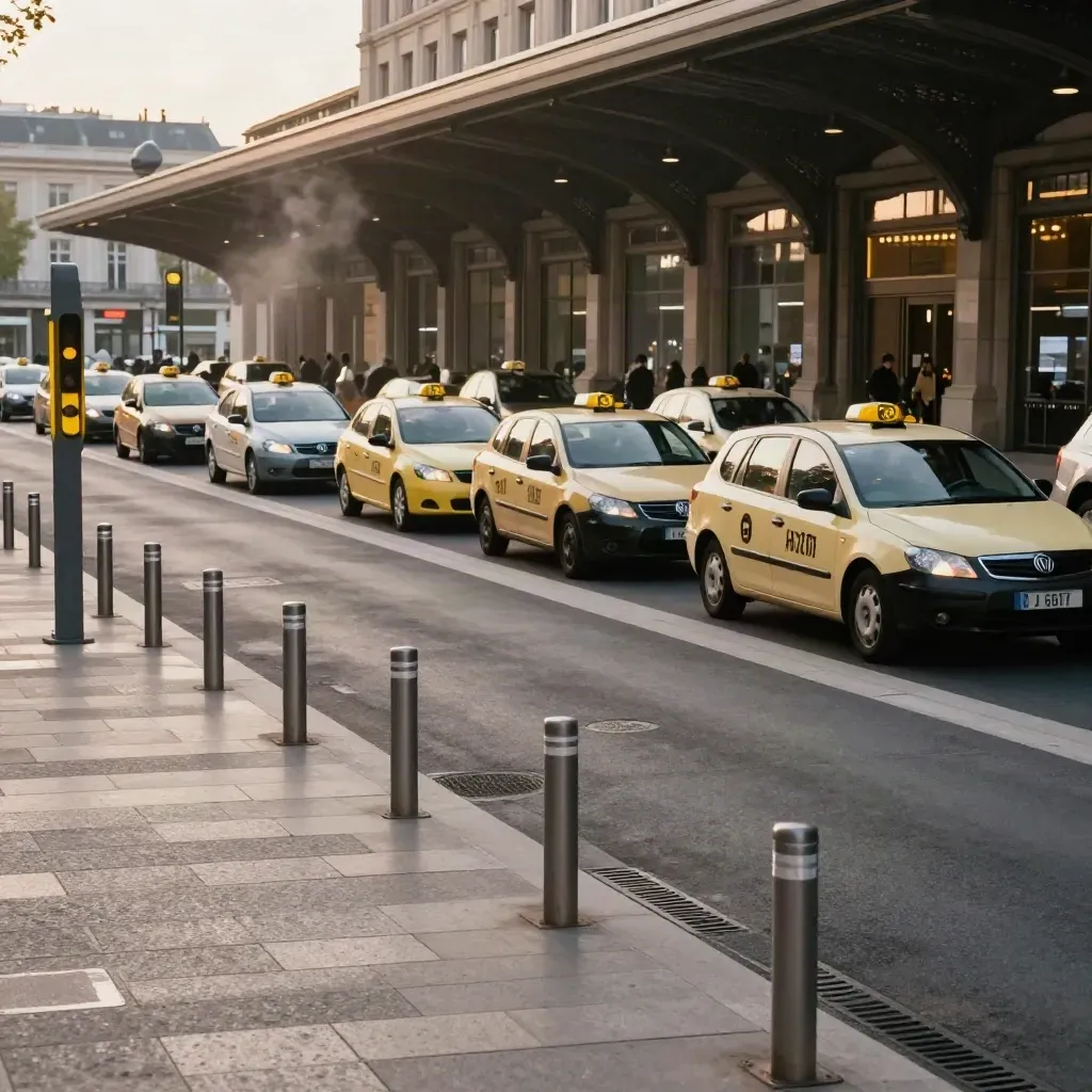 Parvis de Gare de Lyon réorganisé, taxis alignés, traversées calmes et vapeur du matin.