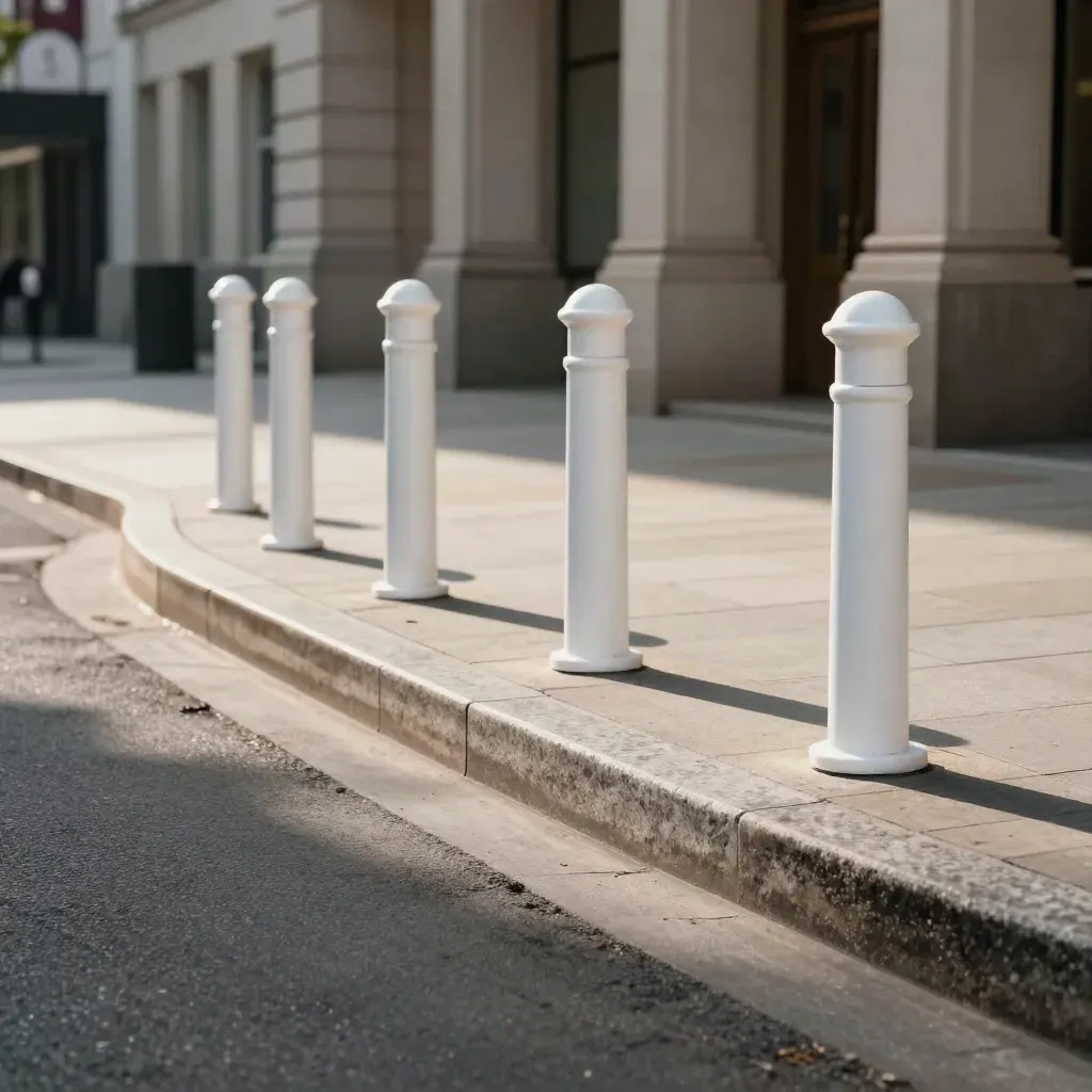 Dépose-minute urbain devant une mairie, bornes blanches et bordures de trottoir