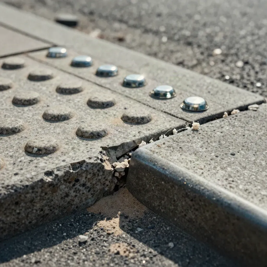 Gros plan sur un pavé tactile usé, un éclat de bordure granitique et des plots routiers réfléchissants.