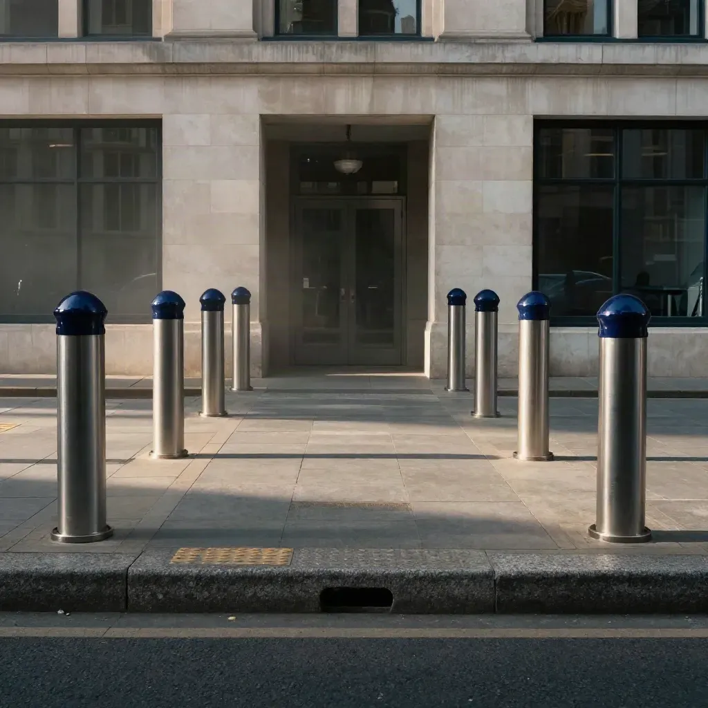 Façade de mairie protégée par des bornes, bordure de chaussée et sol urbain ordonnés