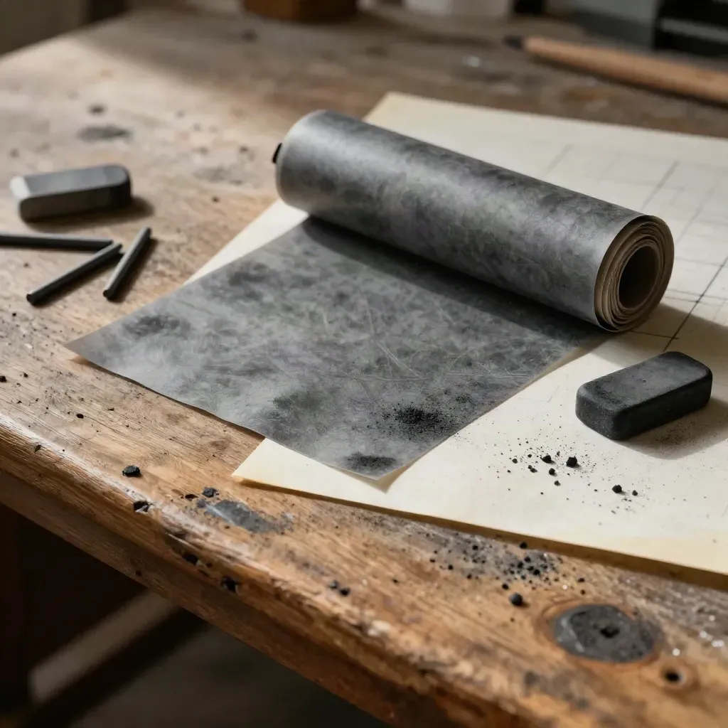 Vue du dessus de film à tracer, bâtons de graphite et gomme noire sur un établi.